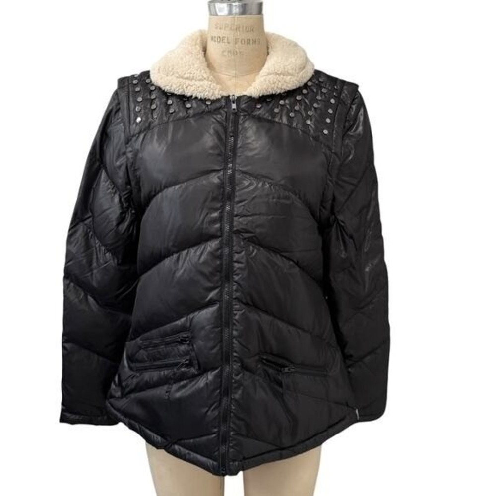NEW One Teaspoon Studded Black Puffer Jacket Convertible to Vest Womens Size L